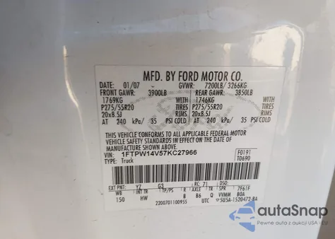 2007 Ford F-150 Fx4/Lariat/Xlt z USA, uszkodzony, nr VIN 1FTPW14V57KC27966